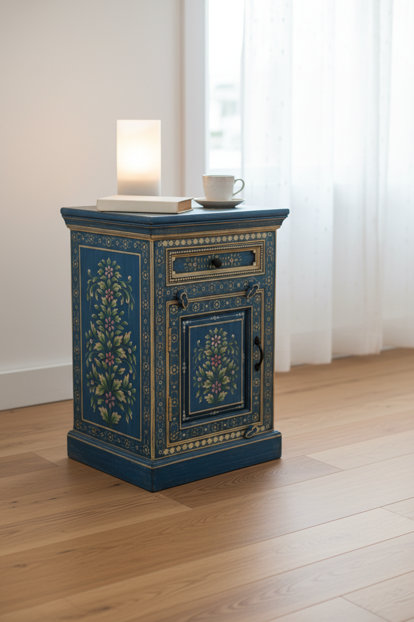 Single hand-painted Rajasthani cobalt blue bedside table – right angle styled with lamp and book