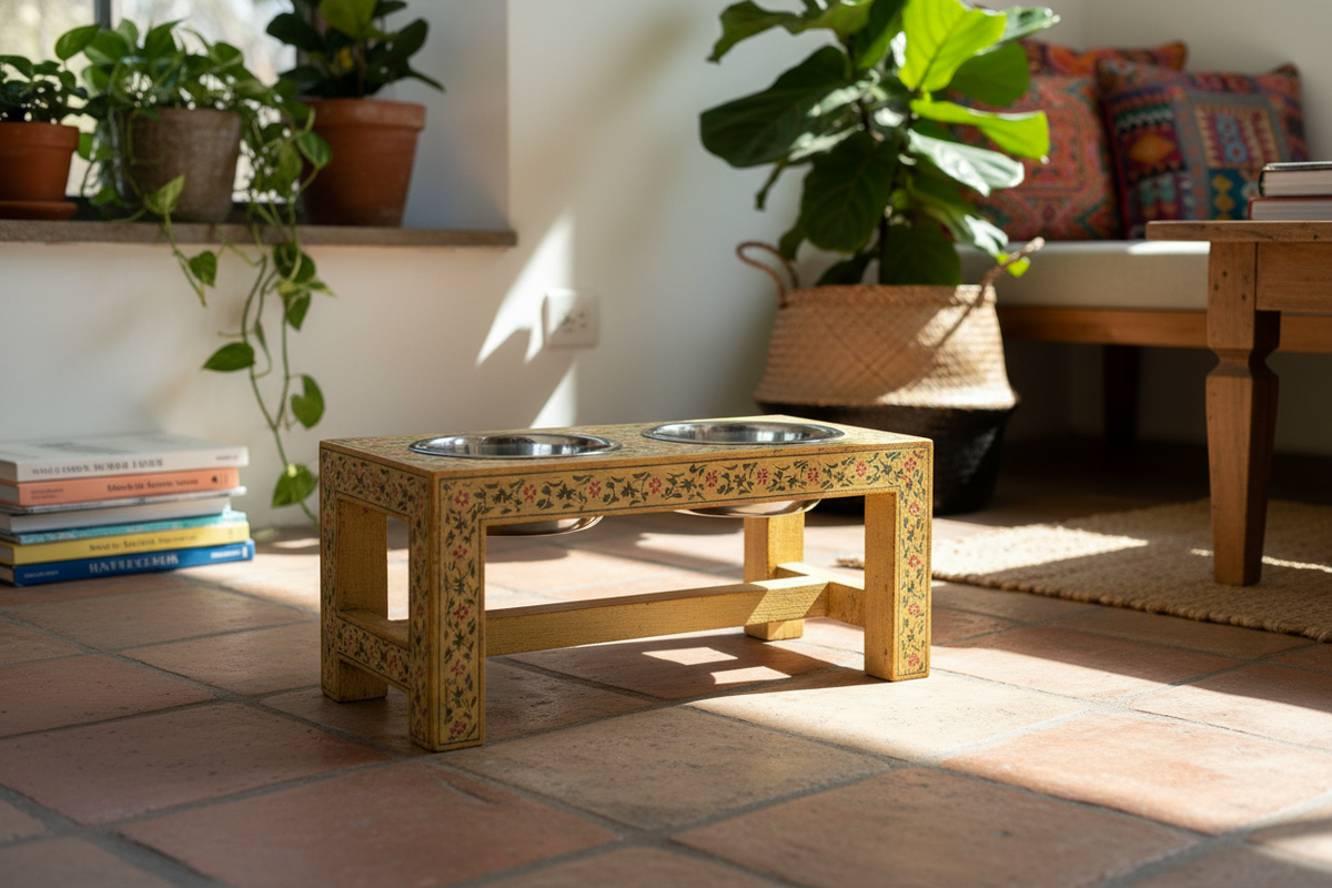 Butter yellow Rajasthani dog bowl stand in eclectic living room corner on terracotta tiles