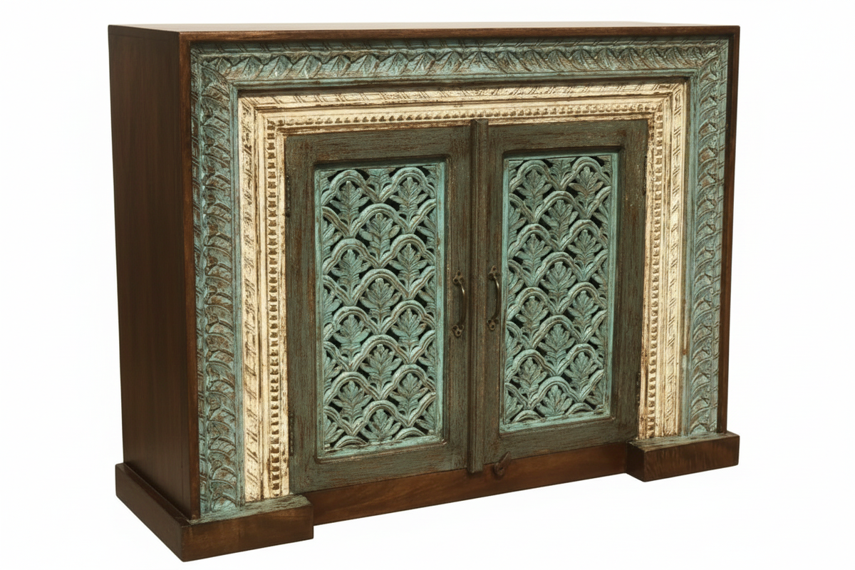 Hand-carved teal sideboard cabinet – elevated three-quarter white background