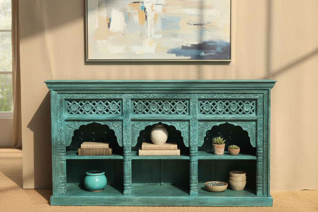 Hand-carved turquoise triple arch media console – front hero in warm living room