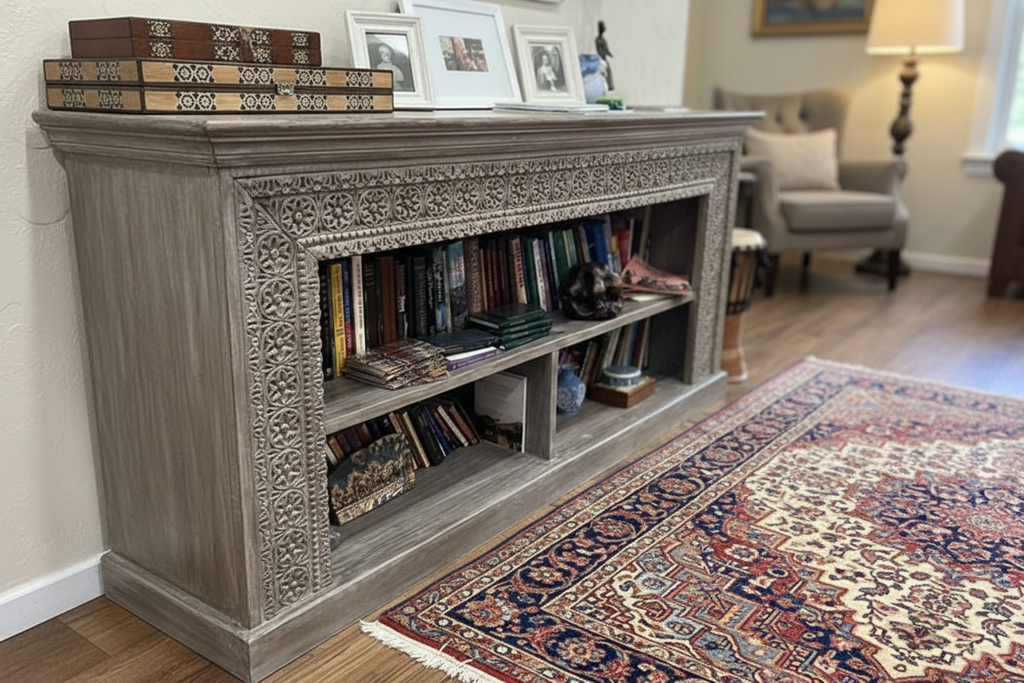 Hand-carved grey whitewash open bookcase console – left angle with books and ceramics