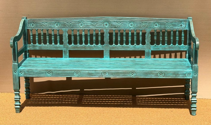 Original hand-carved dark teal mango wood bench