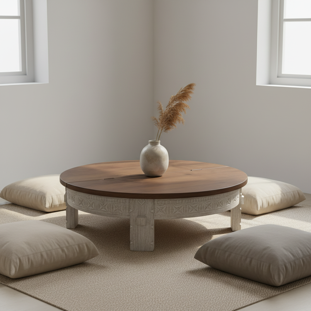 Chowki low table – minimalist Japandi-inspired room with linen cushions
