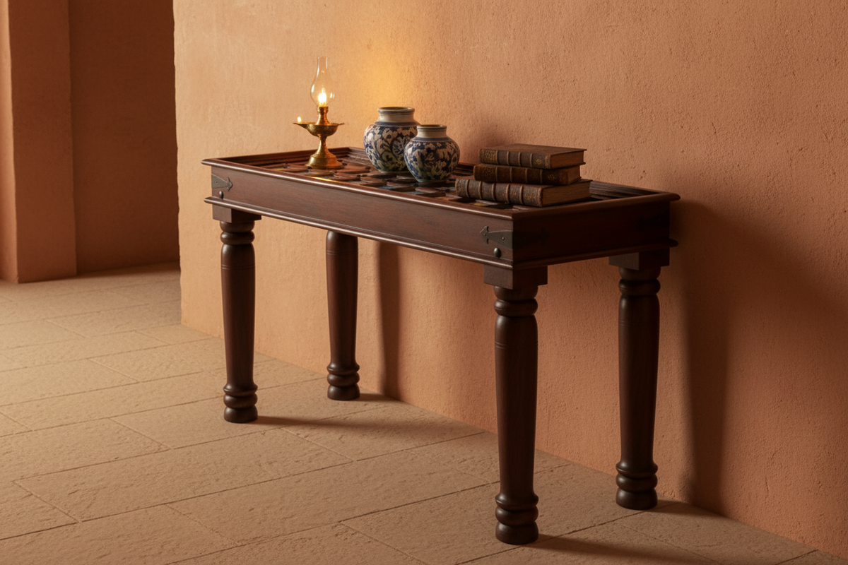 Blue Pottery console table – Rajasthani hallway with terracotta wall and decorative objects