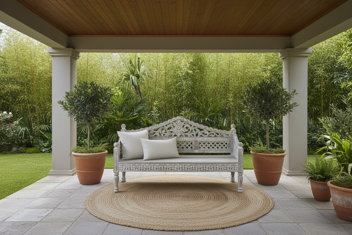 Whitewashed Hand-Carved Daybed Sofa on covered veranda