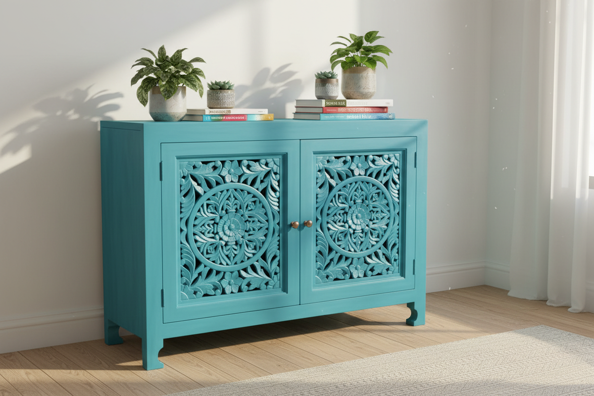 Hand-carved turquoise mandala sideboard – contemporary living room