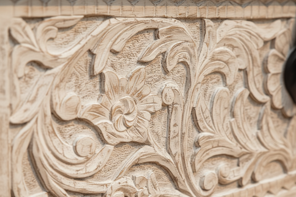 Close-up of hand-carved scrolling acanthus leaf relief on whitewash trunk front panel