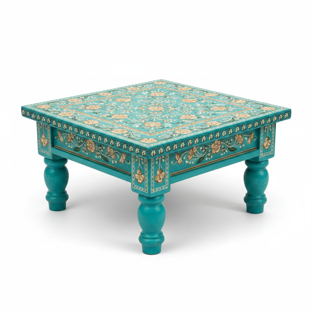 Hand-painted Bajot low table in Teal – white background