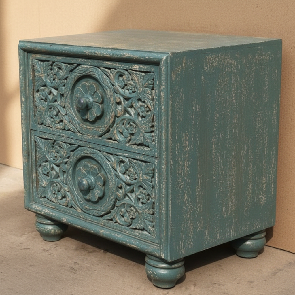 Teal two-drawer bedside chest – 45-degree angle against terracotta wall