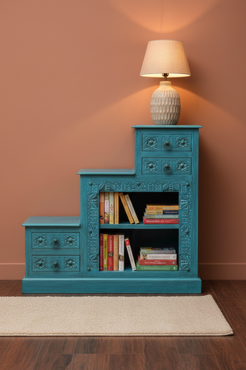 Single hand-carved turquoise stepped bookcase – styled in warm bedroom