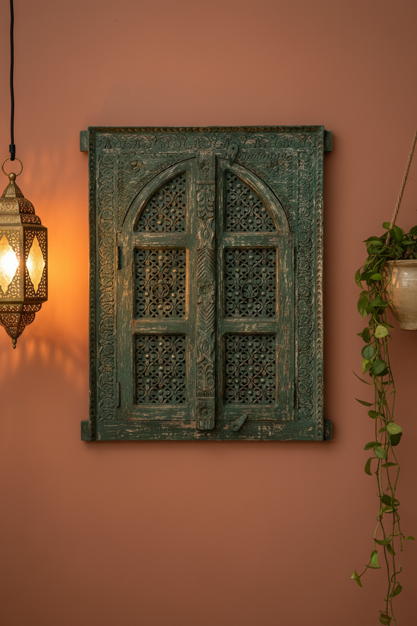 Antique sage green jali wall panel – hung on terracotta wall in bohemian living room