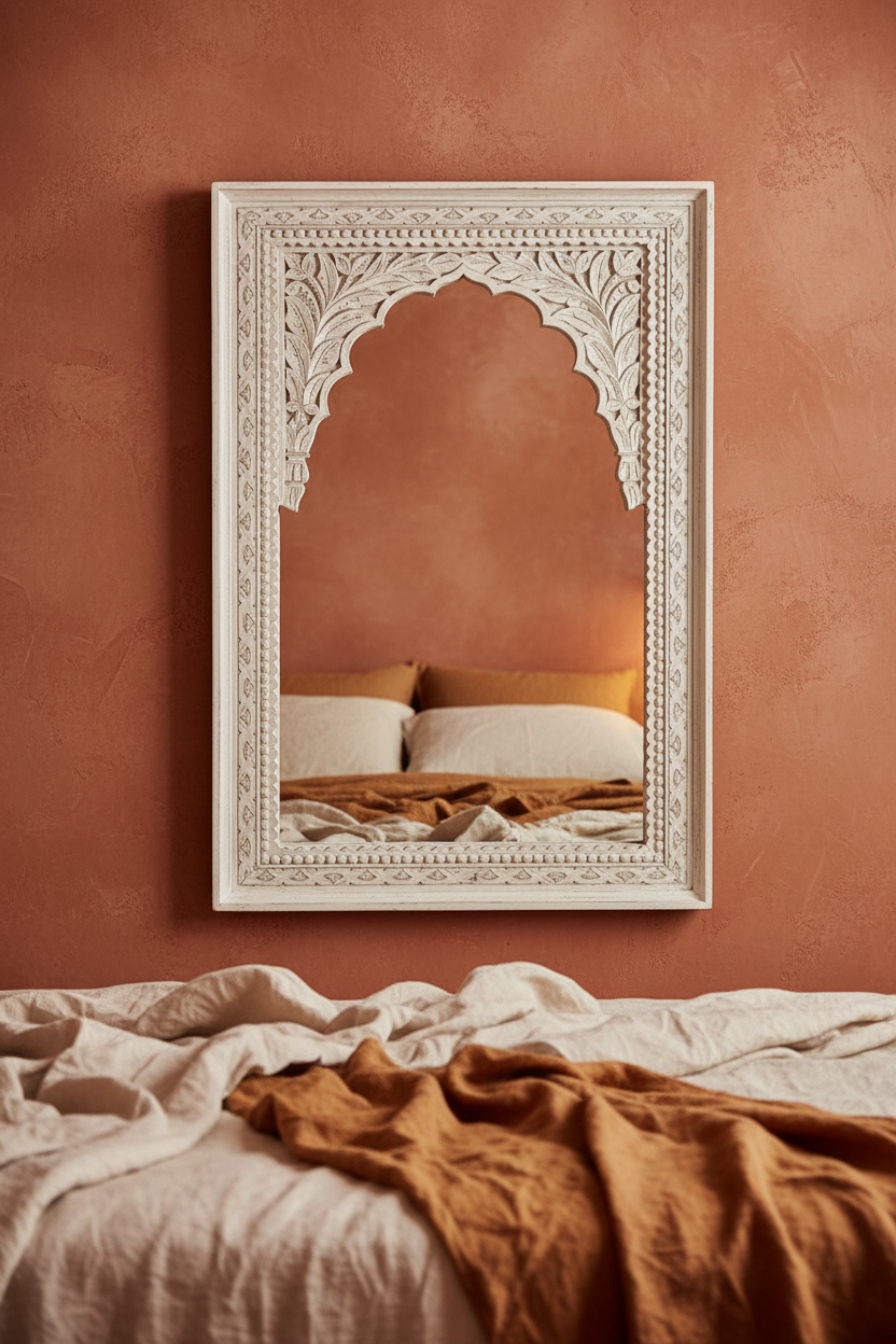 Hand-carved antique white Jharokha mirror – Rajasthani-inspired bedroom