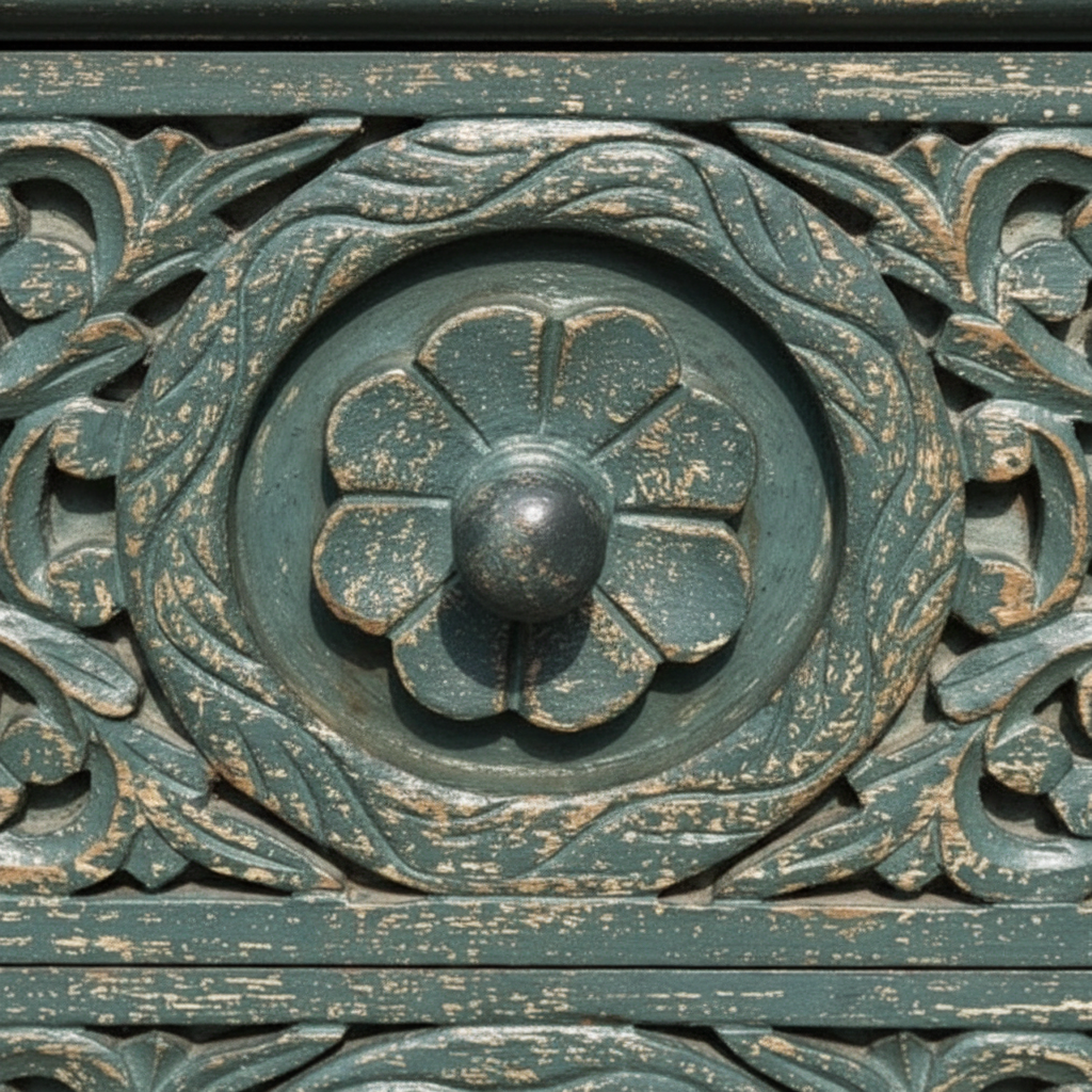 Close-up of hand-carved scrolling acanthus vine lattice and central rosette medallion drawer pull