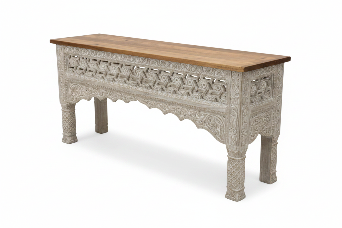 Hand-carved whitewash fretwork console table – elevated three-quarter white background
