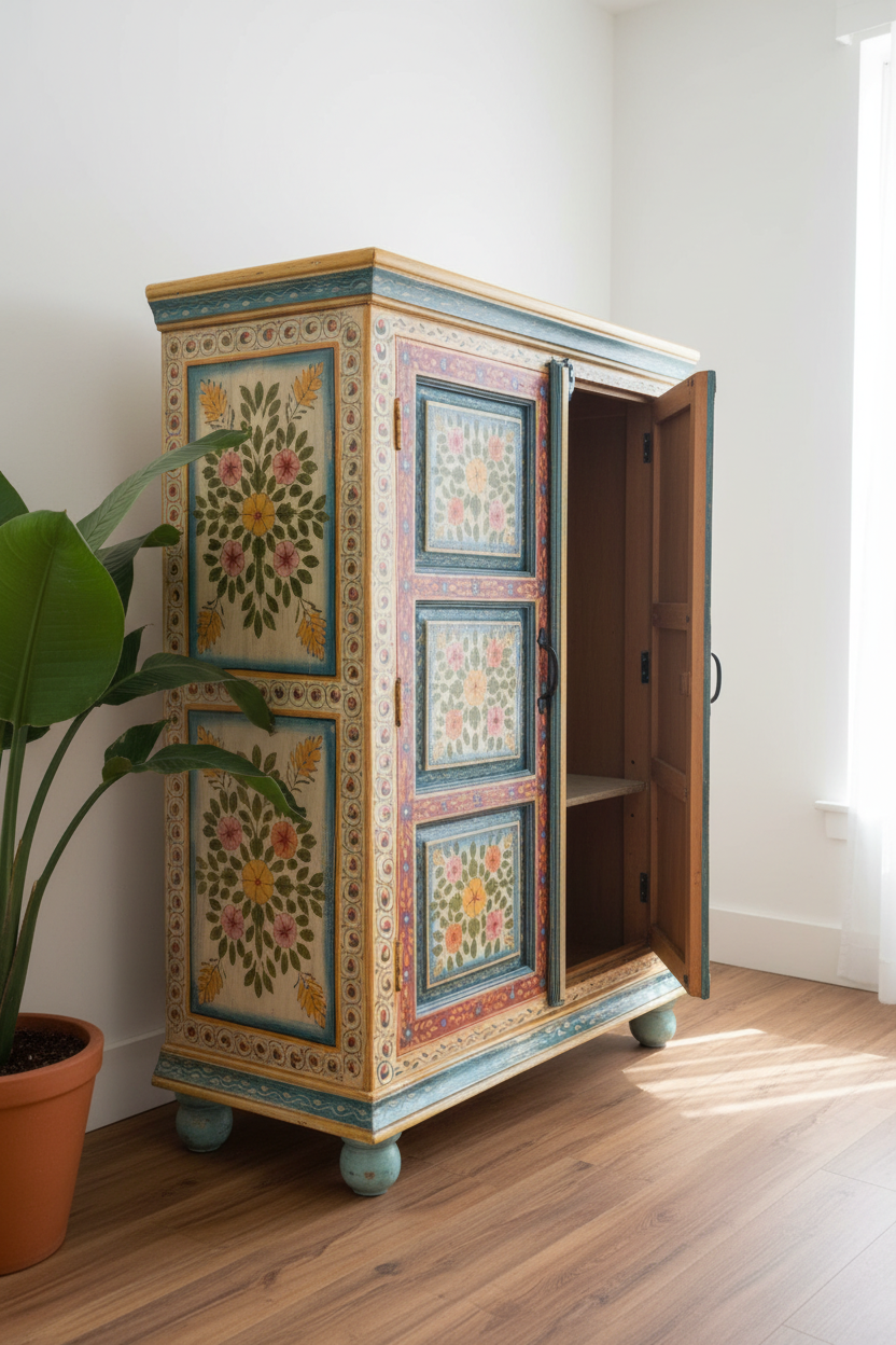 Hand-painted Rajasthani floral wardrobe – right angle with door ajar