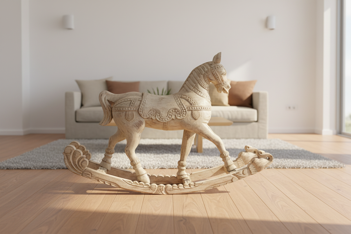 Hand-carved antique whitewash rocking horse – sculptural accent in bright living room