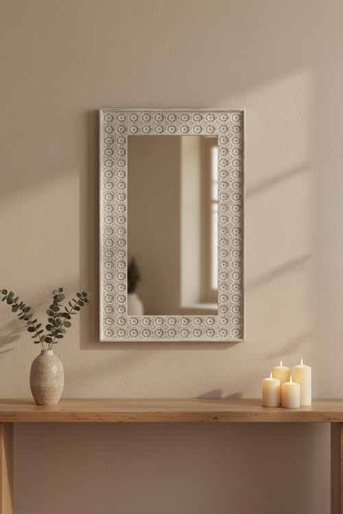 Rosette octagon tile mirror – hero above console table with vase and candles