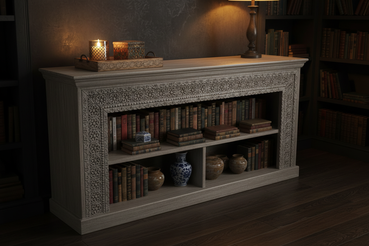 Hand-carved grey whitewash open bookcase console – elevated angle in moody library