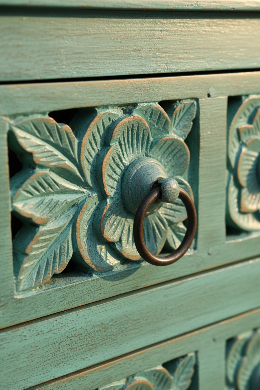 Close-up of hand-carved floral drawer front on turquoise stepped bookcase