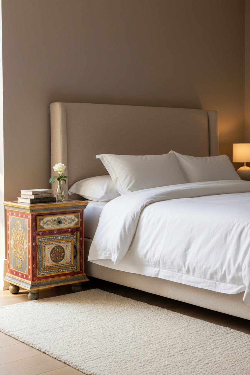 Pair of hand-painted Rajasthani crimson and gold bedside tables flanking a bed in situ