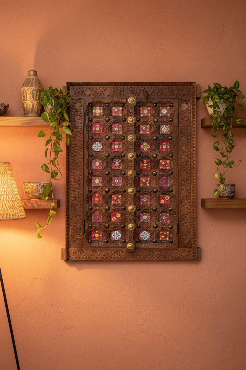 Copper brown double-door wall panel – bohemian living room