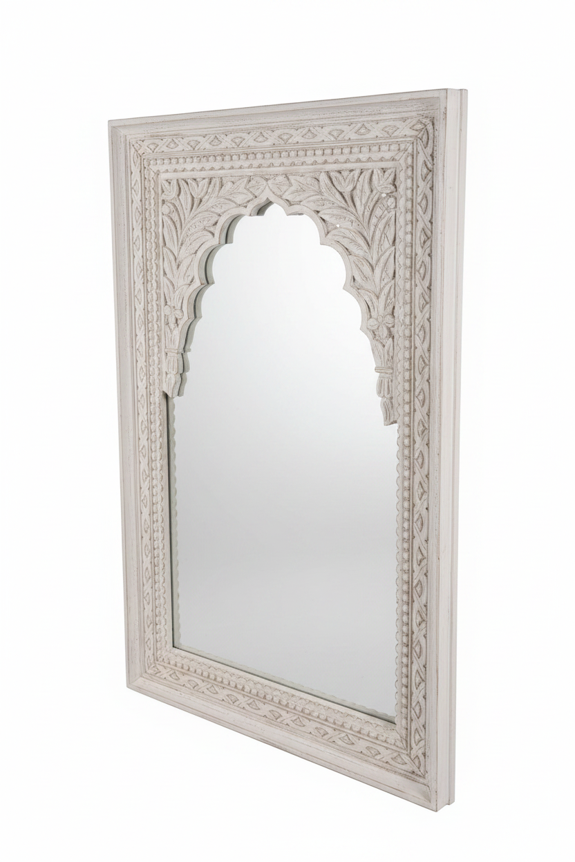 Hand-carved antique white Jharokha mirror – elevated three-quarter white background