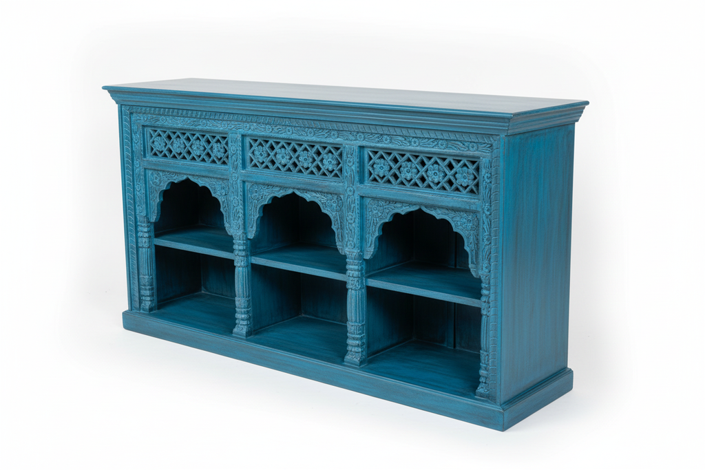 Hand-carved cobalt blue triple arch media console – left angle white background