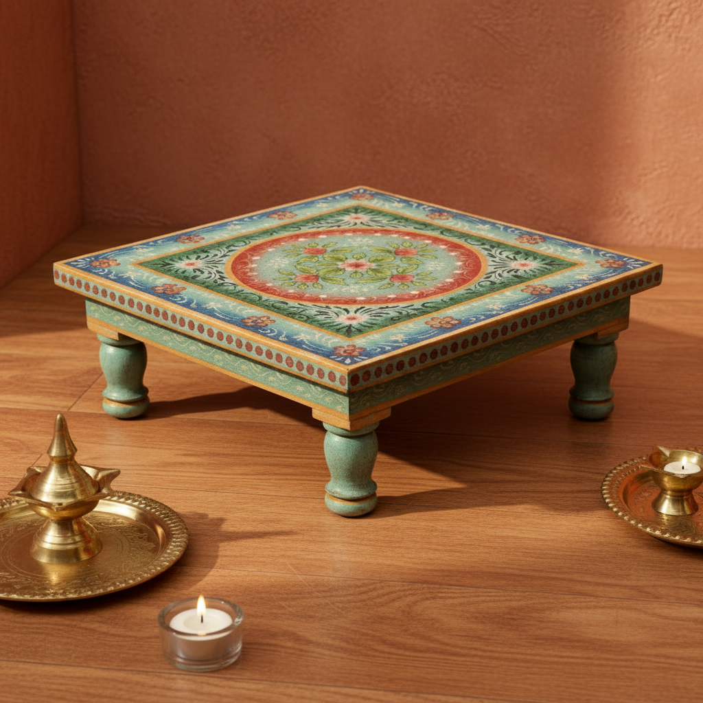Hand-painted teal Bajot low table – Rajasthani-inspired room with terracotta walls