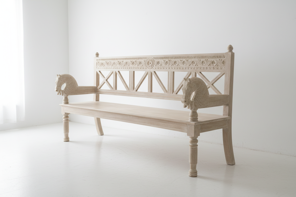Rajasthani Empire bench – front-left angle in minimalist white room