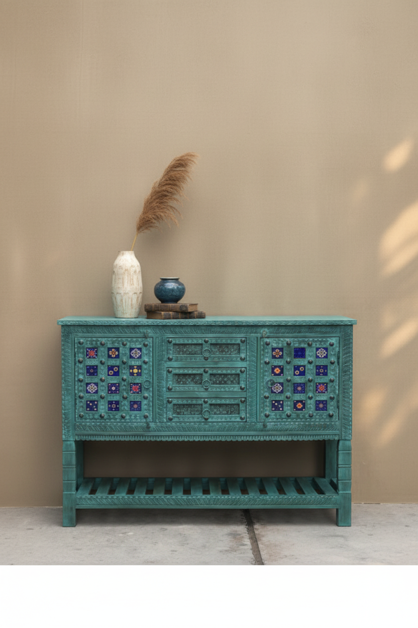 Hand-carved turquoise sideboard with ceramic tile inlays – front hero in warm entryway