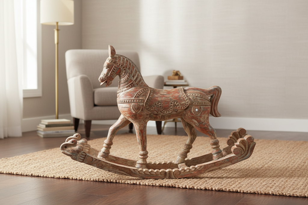 Hand-carved polychrome rocking horse with elephant head rockers – side profile in warm living room