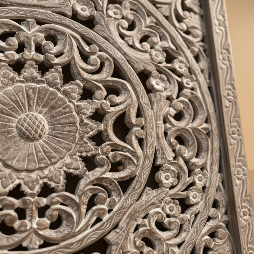 Close-up of hand-carved sunflower medallion and scrolling acanthus vine jali on grey-silver panel