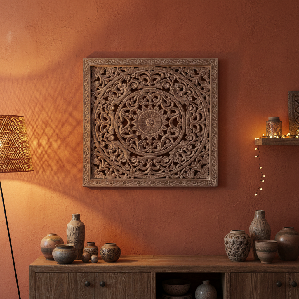 Hand-carved grey-silver jali mandala panel – above sideboard on terracotta wall