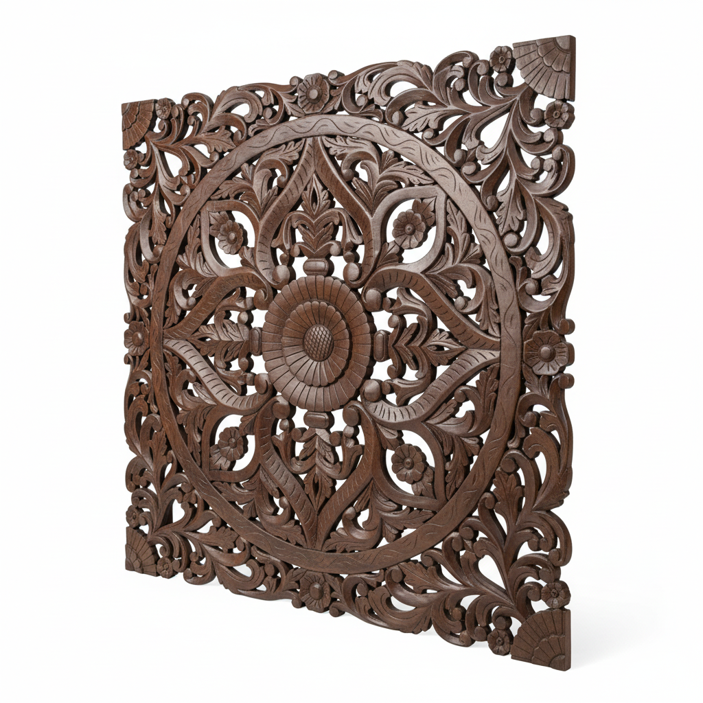 Dark wood mandala wall panel II – angled view white background