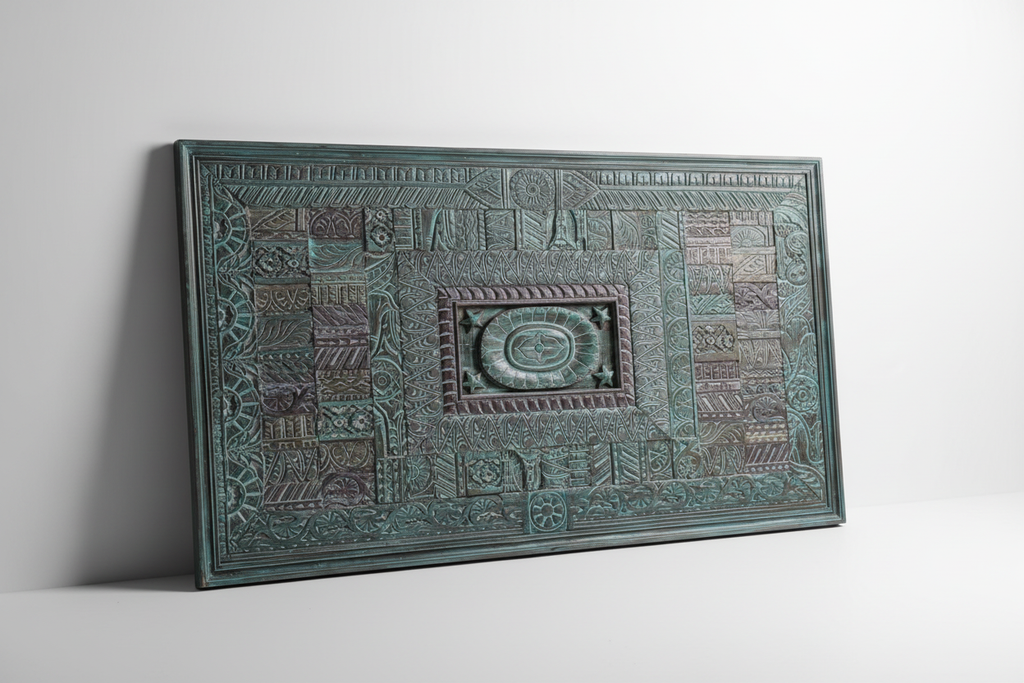Teal carved wall panel – leaning with raking light white background