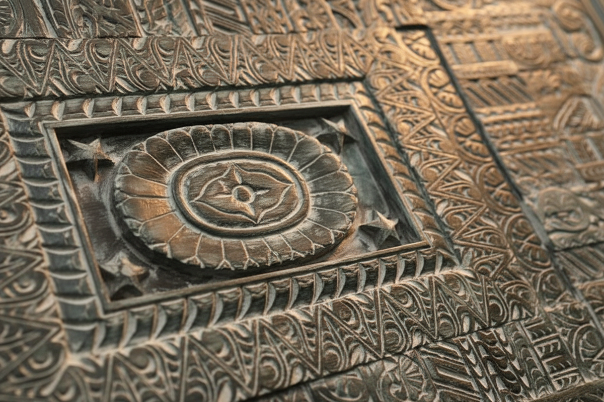 Close-up split detail: central rope-twist cartouche with oval medallion and geometric patchwork zones