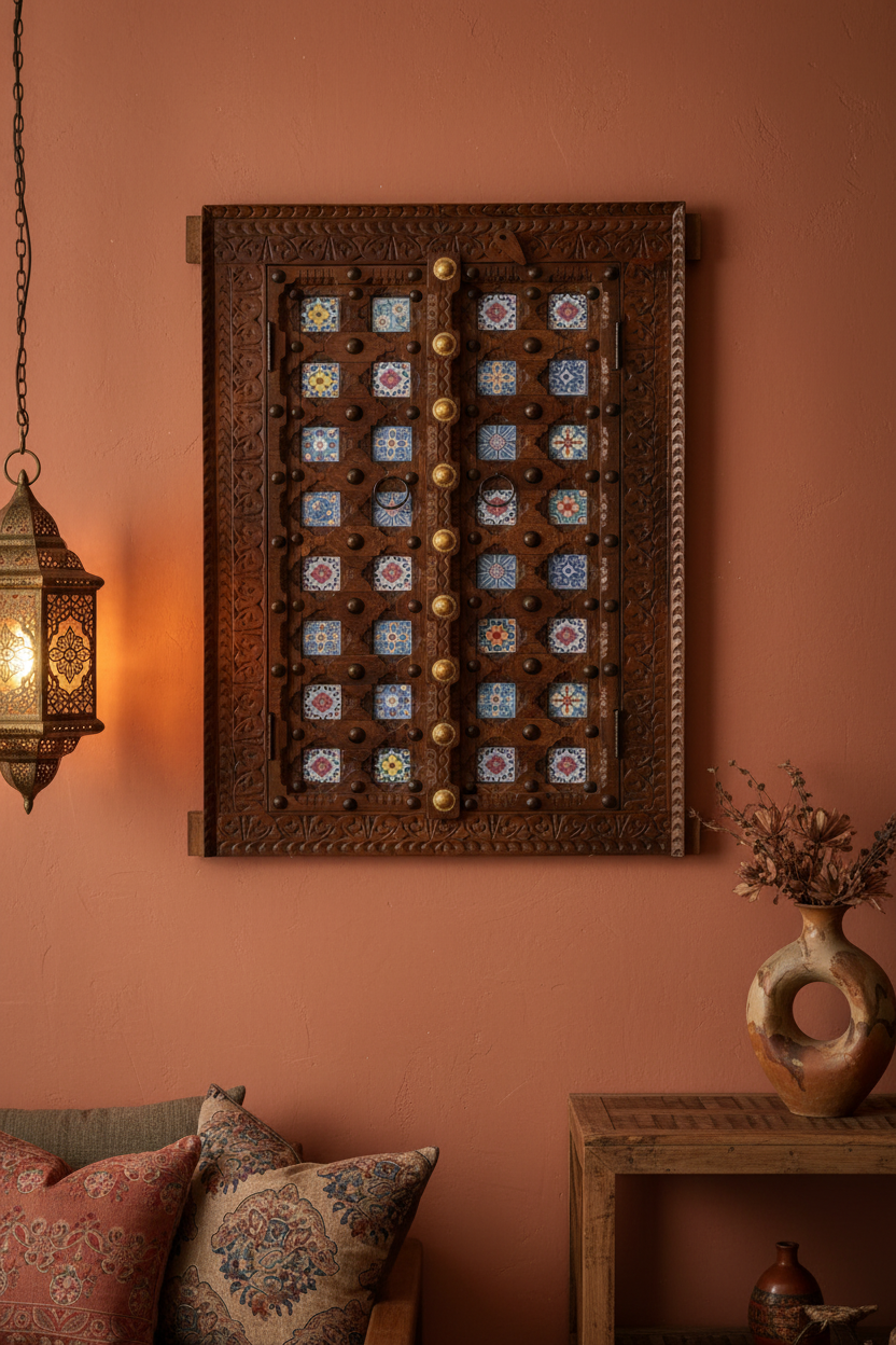 Hand-painted glass tile door wall panel – bohemian living room