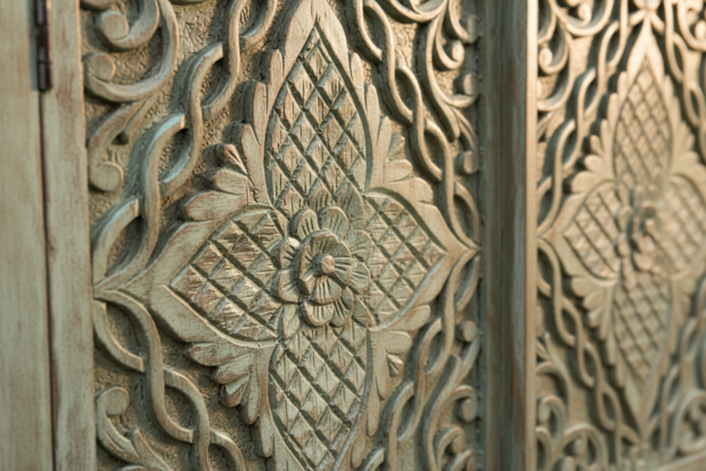 Close-up of hand-carved diamond medallion and floral vine on sage teal sideboard door