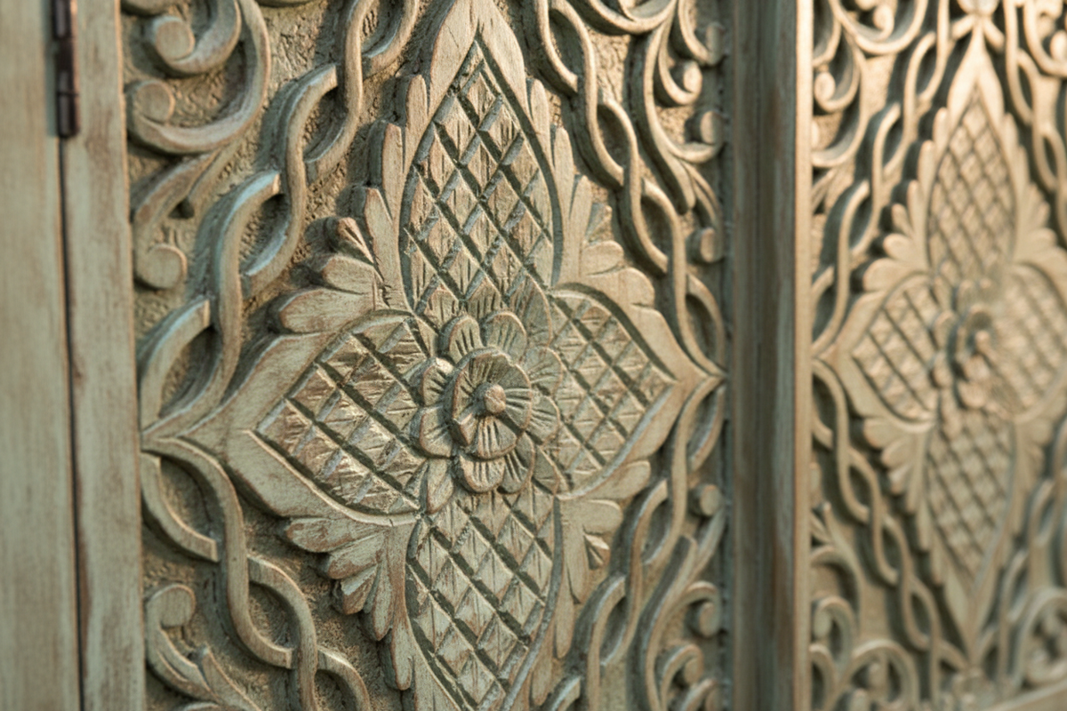 Close-up of hand-carved diamond medallion and floral vine on sage teal sideboard door