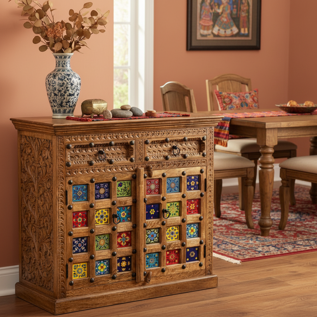 Blue Pottery tile sideboard – hero in warm Rajasthani dining room with vase on top