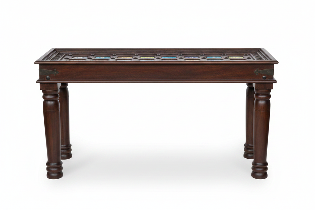 Blue Pottery console table – front view white background