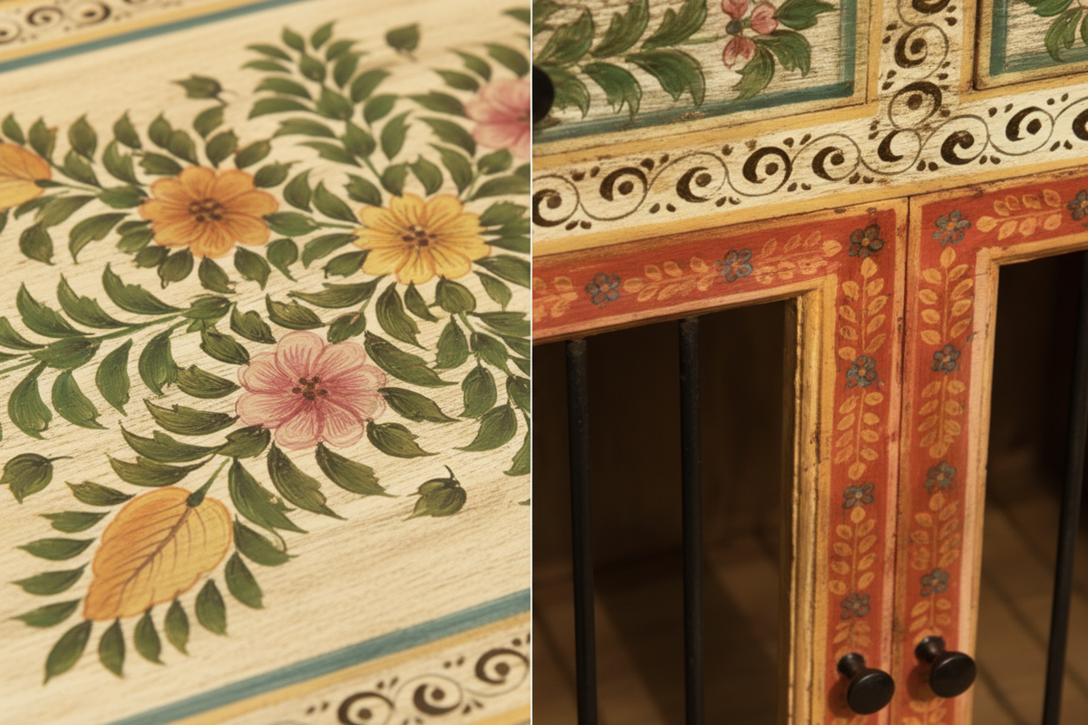 Split close-up: lush peony bouquet painted top and ivory vine scrolling with coral-red panel border