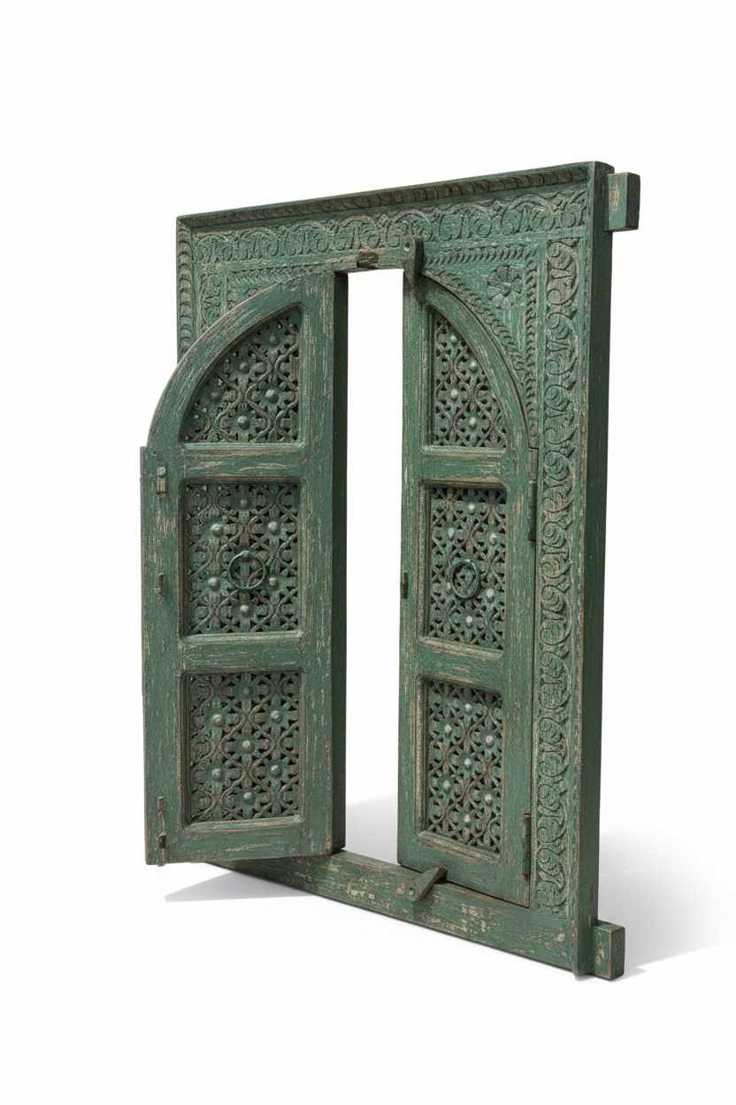 Antique sage green jali wall panel – left angle white background