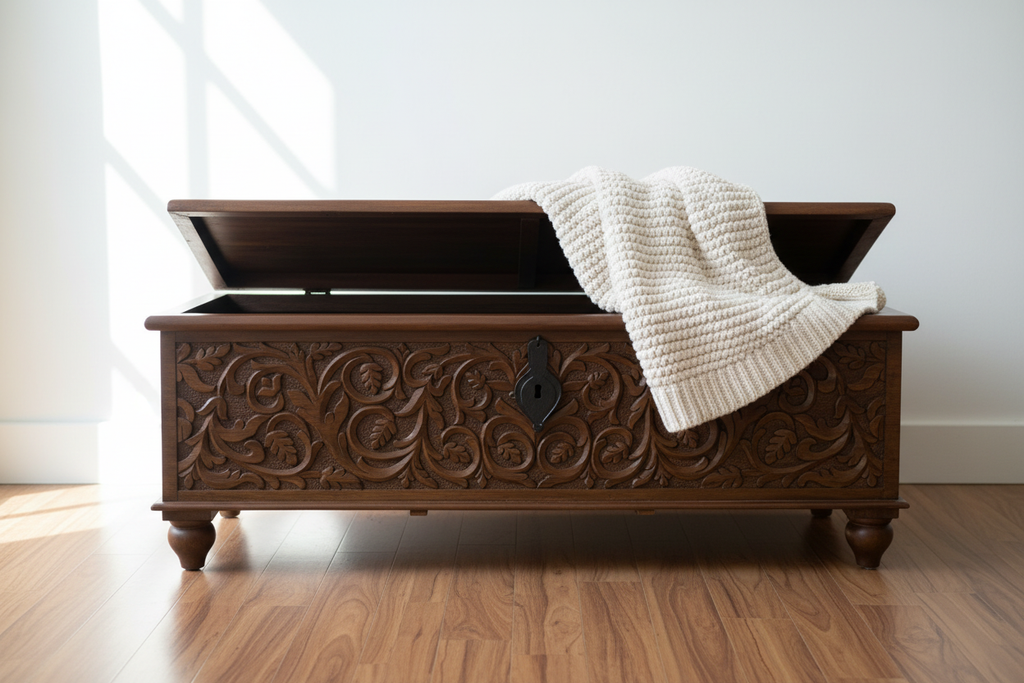 Hand-carved mango wood storage trunk – lid open with throw blanket draped over