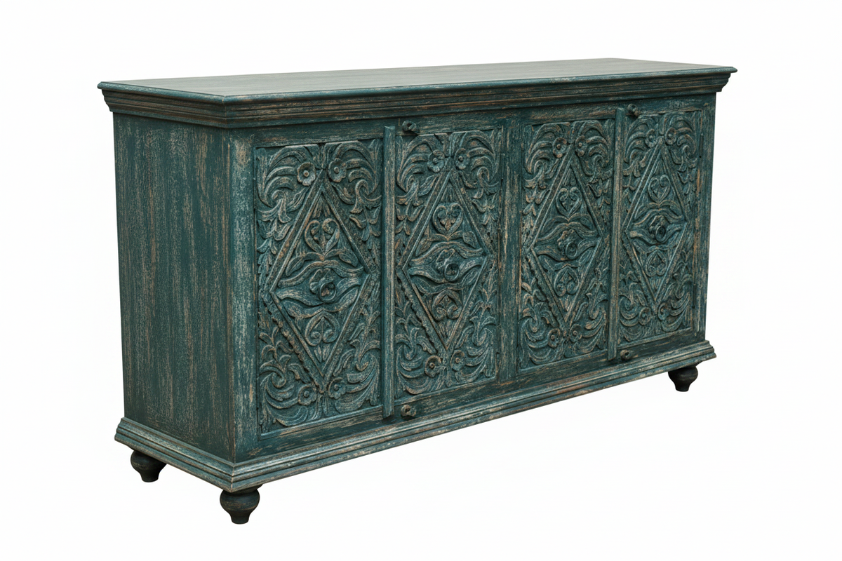 Hand-carved teal diamond sideboard – left angle white background