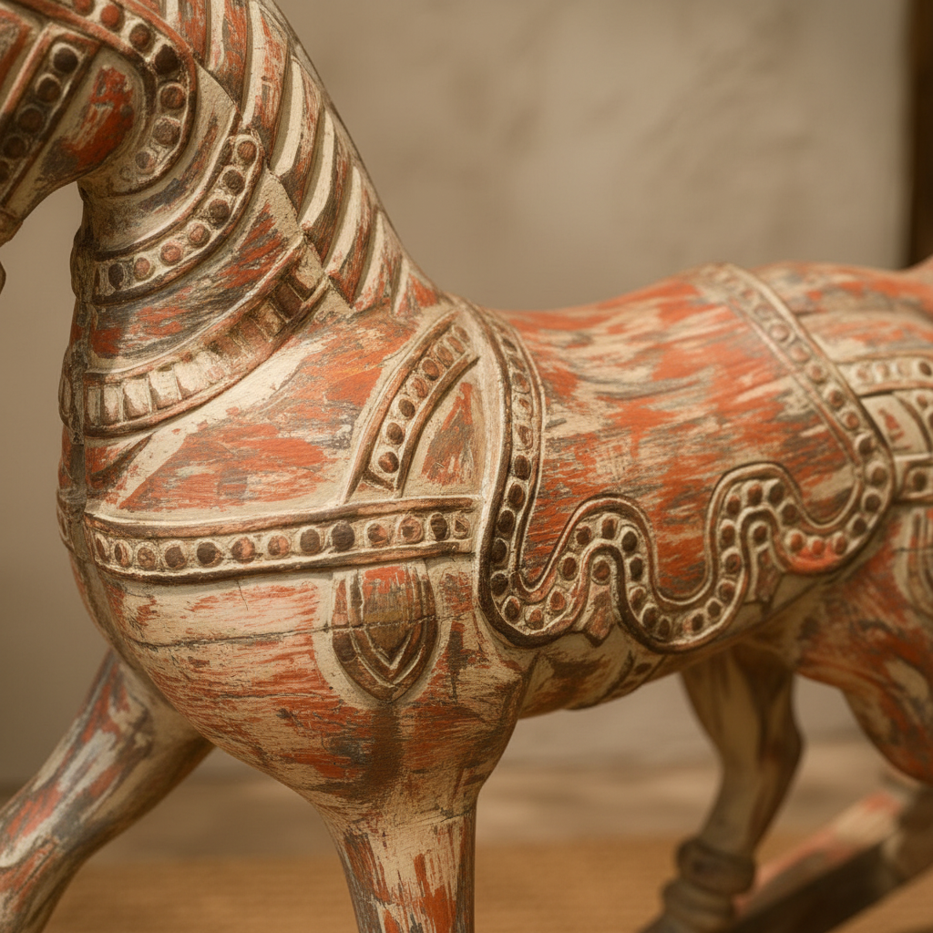 Hand-Carved Painted Rocking Horse - close-up detail of hand-painted motifs