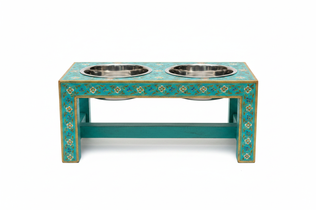 Teal Rajasthani dog bowl stand front-on flat view on white background