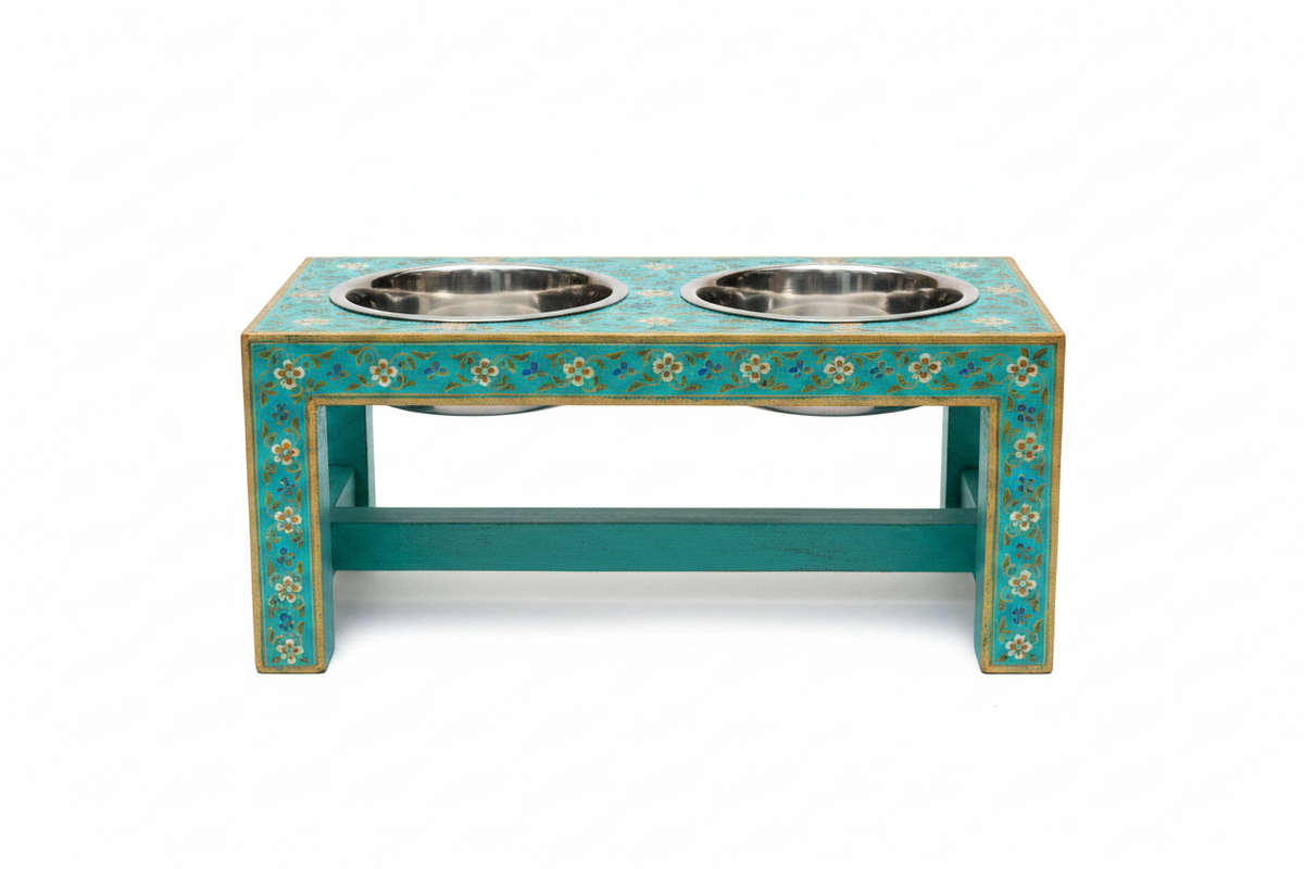 Teal Rajasthani dog bowl stand front-on flat view on white background