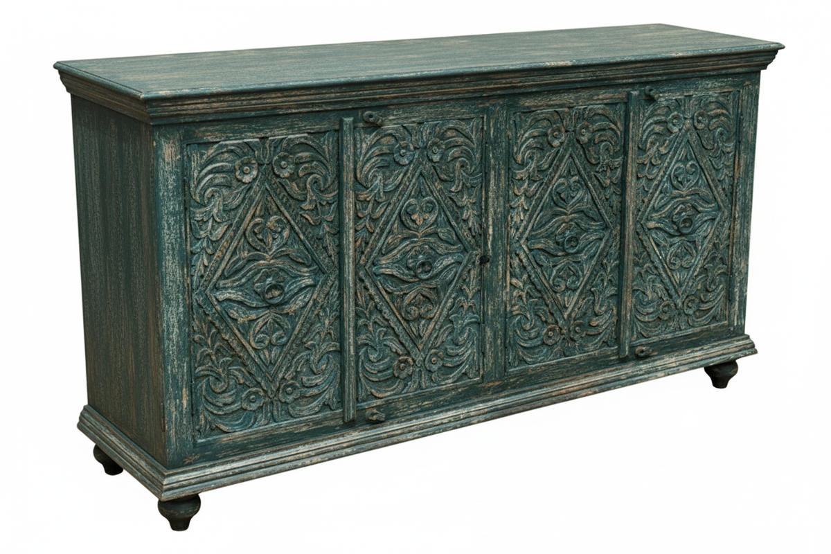 Hand-carved teal diamond sideboard – elevated three-quarter white background