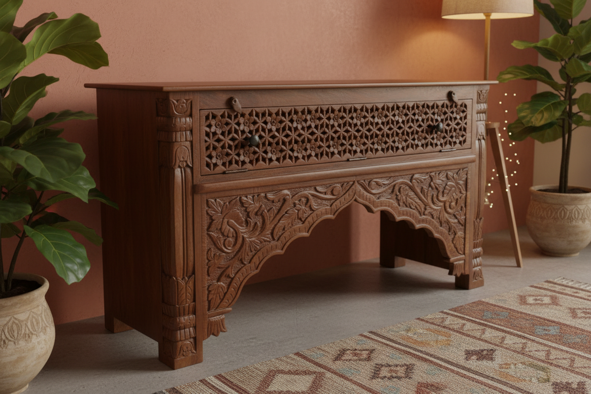 Hand-carved natural mango wood console table – front-left angle in bohemian room